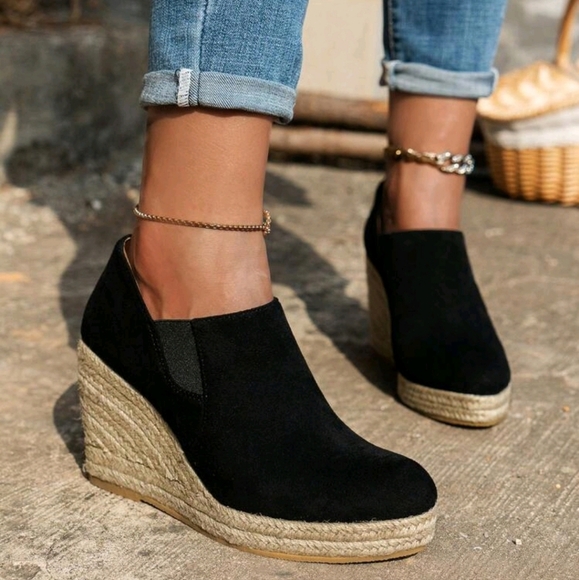 Women's Trendy Versatile Platform Wedge Solid Textured Woven Sole Loafers - Picture 1 of 6